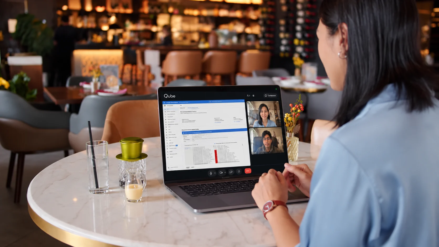 Security leader reviewing compliance evidence with remote participants inside Qube
